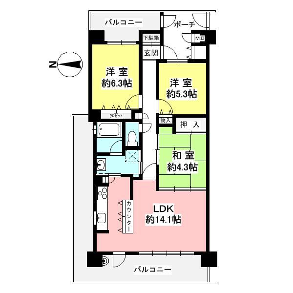 Floor plan. 3LDK, Price 27,800,000 yen, Occupied area 75.06 sq m , Balcony area 29.13 sq m