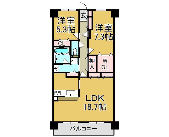 Floor plan. 2LDK, Price 22,900,000 yen, Footprint 75.6 sq m , Balcony area 9.76 sq m