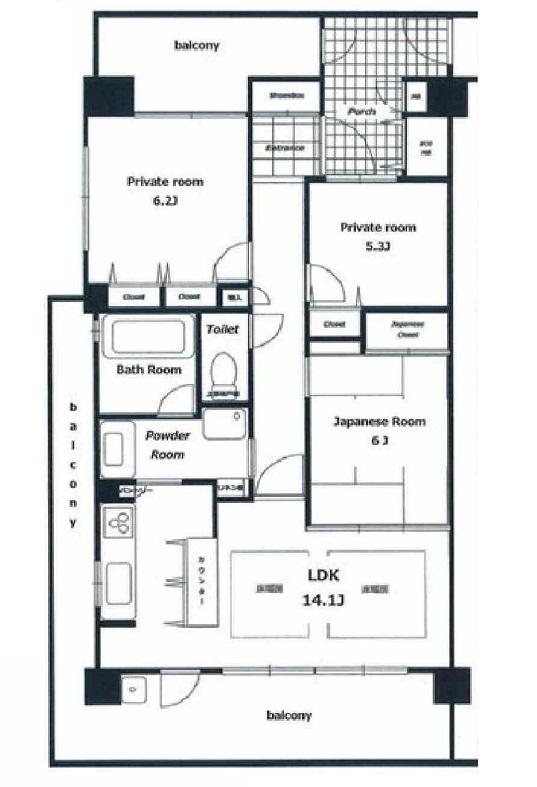 Floor plan. 3LDK, Price 27,800,000 yen, Occupied area 75.06 sq m , Rare property of balcony area 29.13 sq m two-sided balcony!