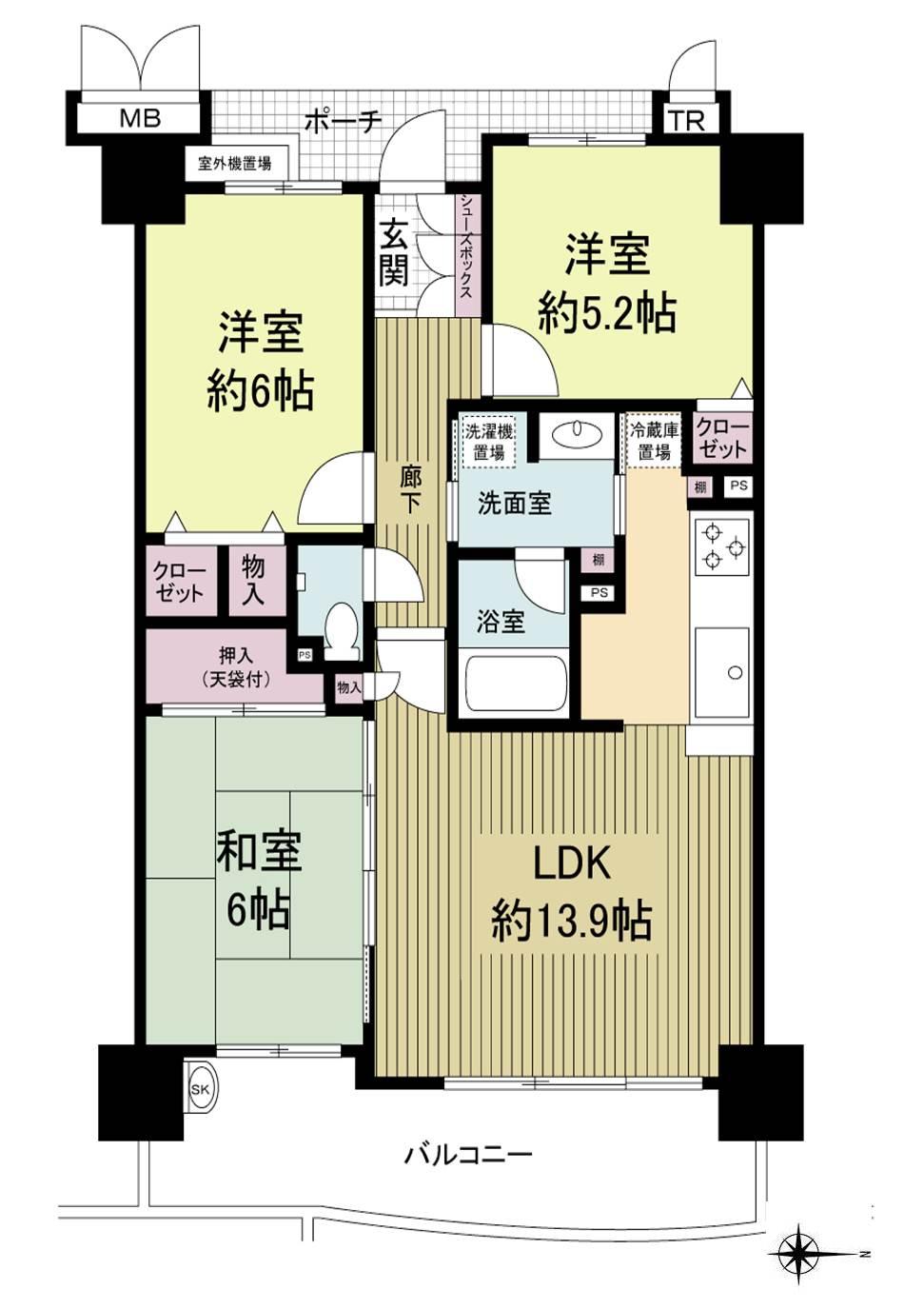 Floor plan. 3LDK, Price 19 million yen, Occupied area 67.95 sq m , Balcony area 11.98 sq m
