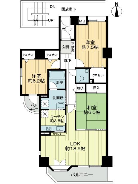 Floor plan. 3LDK, Price 31,800,000 yen, Occupied area 90.81 sq m , Balcony area 9.61 sq m