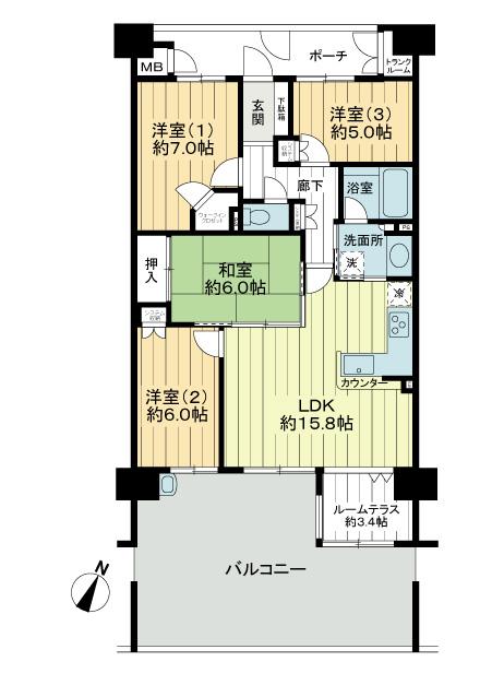 Floor plan. 4LDK, Price 29,800,000 yen, Occupied area 91.54 sq m , Balcony area 33.35 sq m