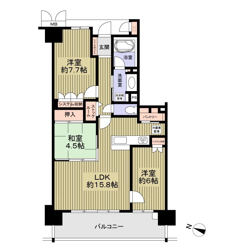 Floor plan. 3LDK, Price 23.8 million yen, Occupied area 77.09 sq m , Balcony area 13.87 sq m