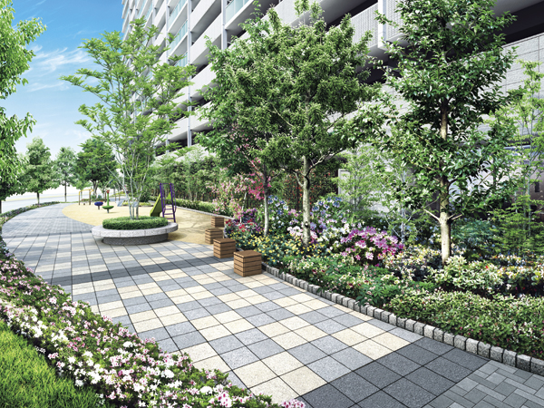 Features of the building.  [Bright Avenue] Taking advantage of the relaxed certain site, Bright Avenue walk while enjoying the natural color. Abundant trees and flowers will brings a sense of the season of the four seasons (Rendering)