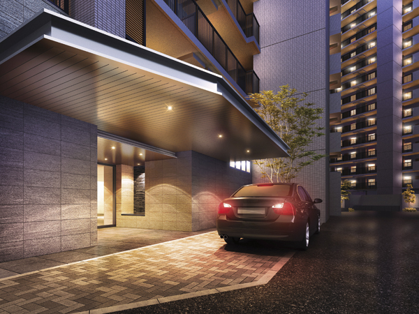Features of the building.  [Porte-cochere] You can also loading and unloading of cars getting on and off and luggage, Installing a suitable hotel-like driveway also to greet the important guest (Rendering)