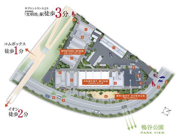 Buildings and facilities. Layout with a margin of two residential buildings in the vast grounds, Shared space is reserved in a relaxed manner. In addition to the parking lot and bicycle parking lot was to enrich, Provided until the on-site park and guest room, Affluent life you can enjoy (site layout)