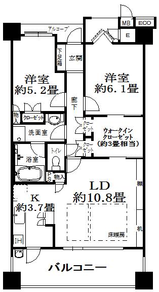 Floor plan. 2LDK, Price 25 million yen, Occupied area 65.42 sq m , Balcony area 12.4 sq m