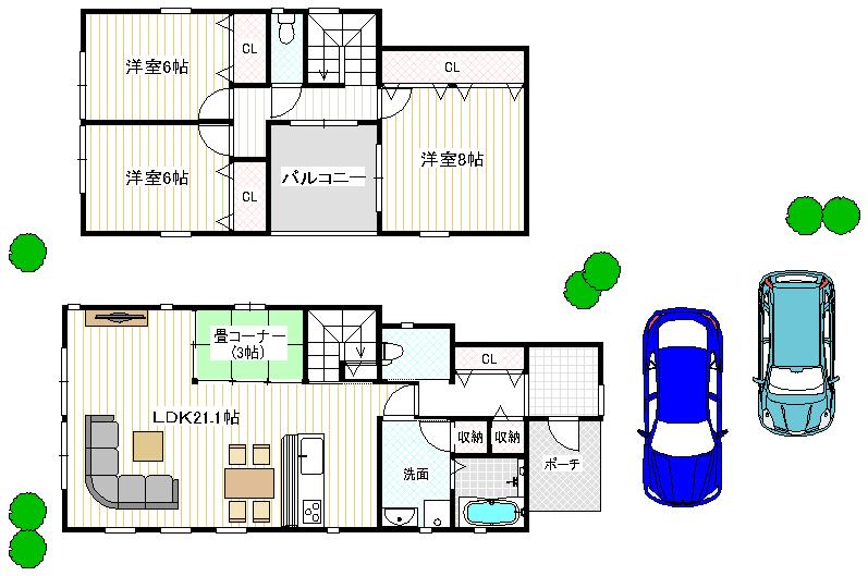 Compartment view + building plan example. Building plan example, Land price 10,570,000 yen, Land area 120.19 sq m , Building price 13,230,000 yen, Happy housework Rakupuran in building area 92.56 sq m mom