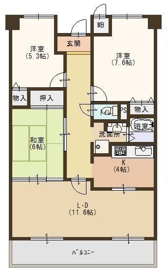 Floor plan. 3LDK, Price 11,980,000 yen, Occupied area 74.88 sq m , Balcony area 10.27 sq m spacious floor plan