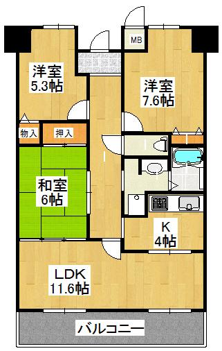 Floor plan. 3LDK, Price 11,980,000 yen, Occupied area 74.88 sq m , Balcony area 10.27 sq m