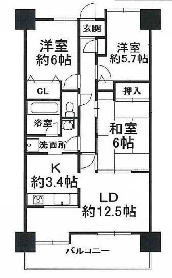 Floor plan. 3LDK, Price 13,980,000 yen, Occupied area 73.69 sq m , Balcony area 11.34 sq m south-facing spacious 3LDK Property.