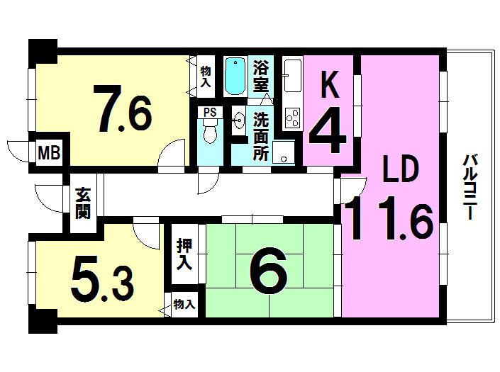 Floor plan. 3LDK, Price 11,980,000 yen, Occupied area 74.88 sq m , Balcony area 10.27 sq m