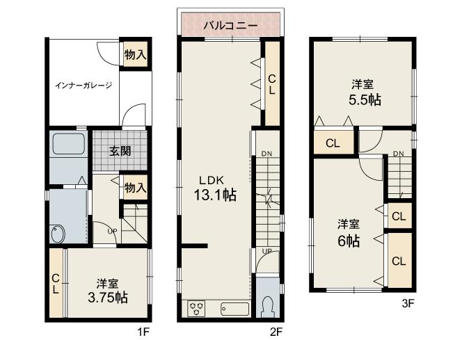 Floor plan. 16.8 million yen, 3LDK, Land area 50.06 sq m , Building area 73.56 sq m