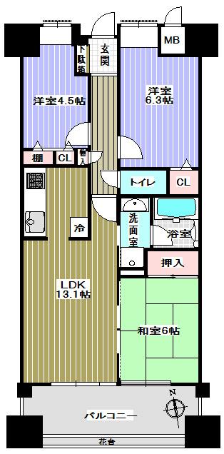 Floor plan. 3LDK, Price 19,980,000 yen, Occupied area 64.95 sq m , Between the balcony area 11.6 sq m floor plan