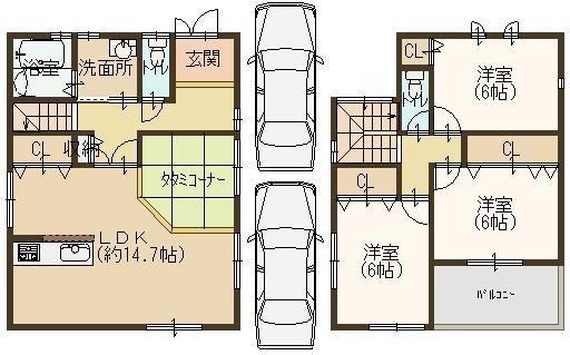Floor plan. 19.9 million yen, 3LDK, Land area 100.07 sq m , There are two building area 92.34 sq m car park