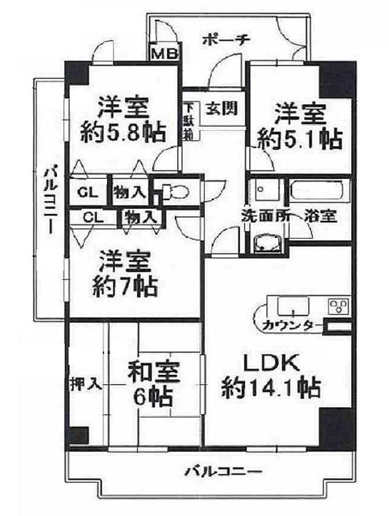 Floor plan. 4LDK, Price 13,900,000 yen, Footprint 83 sq m , Rare of 4LDK property is on the balcony area 16.54 sq m surrounding area. Since it is a corner room, Daylighting ・ Ventilation is also good.