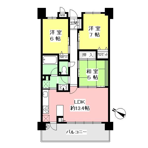 Floor plan. 3LDK, Price 22.5 million yen, Occupied area 69.57 sq m , Balcony area 12.8 sq m