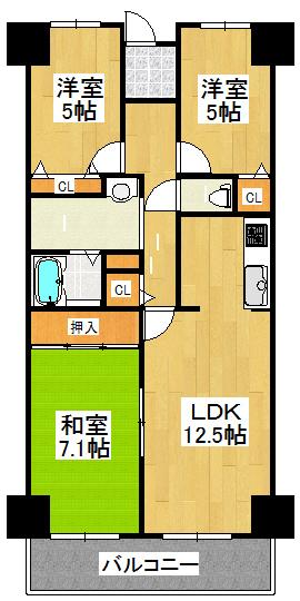 Floor plan. 3LDK, Price 12.5 million yen, Occupied area 69.21 sq m , Balcony area 8.7 sq m