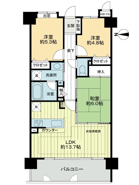 Floor plan. 3LDK, Price 12.9 million yen, Occupied area 67.58 sq m , Balcony area 11.16 sq m