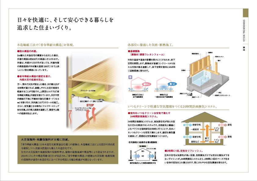 Construction ・ Construction method ・ specification. Ya fire from the neighboring house, Prevent the spread of fire to fire, such as the neighboring house, Ordinance of the Ministry of quasi-fireproof structure. Fire insurance premiums significantly cut. Adopted the basic insulation insulation effect is increased by covering the insulation material to the base portion, Cut energy bills. Ventilation employs a third kind ventilation of the airtight house unique.