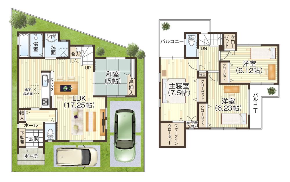 30,810,000 yen, 4LDK, Land area 94.17 sq m , Building area 97.59 sq m parking two to floor plan in consideration of the two sides balcony flow line of mom eyes OK!