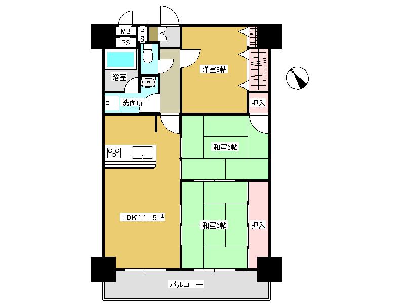 Floor plan. 3LDK, Price 10.8 million yen, Occupied area 69.79 sq m , Balcony area 9.51 sq m