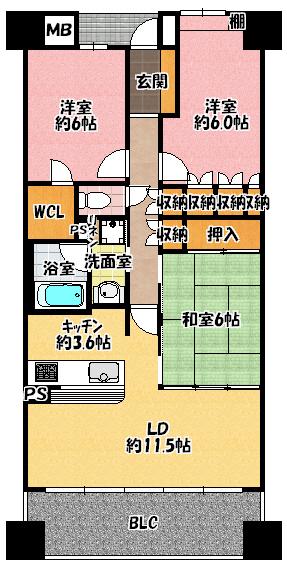 Floor plan. 3LDK, Price 19,800,000 yen, Occupied area 76.18 sq m , Balcony area 11.08 sq m