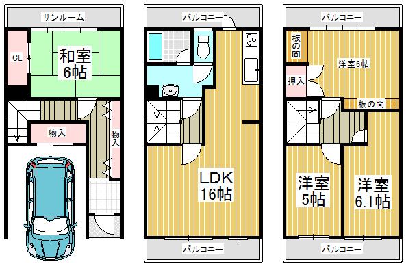 Floor plan. 16 million yen, 4LDK, Land area 54.09 sq m , Building area 103.09 sq m