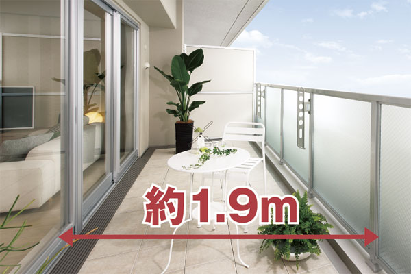 balcony ・ terrace ・ Private garden.  [Balcony Dehaba about 1.9m] Order to foster some open space, Balcony Dehaba is up to about 1.9m (core s) is secured (H2 type model room)