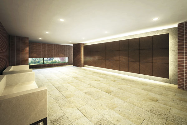 Shared facilities.  [Entrance hall] The floor of the entrance hall paved with tiles of white system, The wall by arranging a panel made up of corduroy steel tea-based, Such as color in downlight, Contrast woven profound and brightness have been expressed (Rendering)