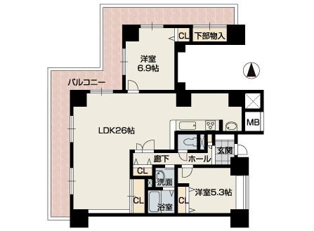 Floor plan. 2LDK, Price 25,800,000 yen, Footprint 94.1 sq m , Ultra-wide living dining of 26 quires if balcony area 31.47 sq m 2LDK type