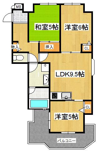 Floor plan. 3LDK, Price 12,980,000 yen, Occupied area 60.64 sq m , Balcony area 5.86 sq m