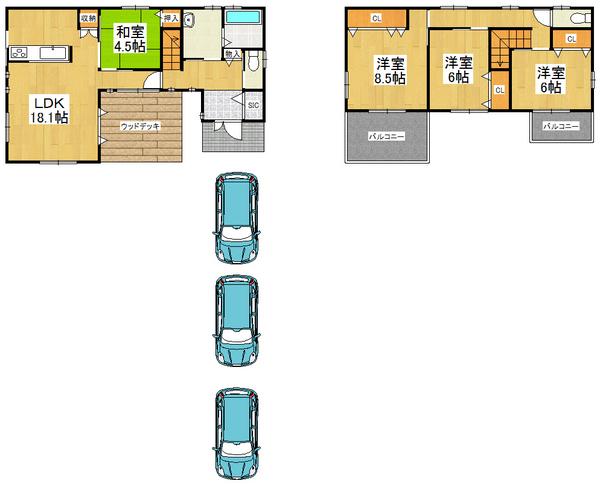 Floor plan. 33,985,000 yen, 4LDK, Land area 143.74 sq m , Building area 105.75 sq m convenient parking space three possible even when the visitor & balcony spacious