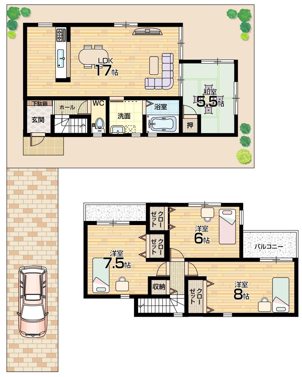 Floor plan. 28.8 million yen, 4LDK, Land area 106.42 sq m , Building area 94.77 sq m floor plan 4LDK! Parking 2 cars!