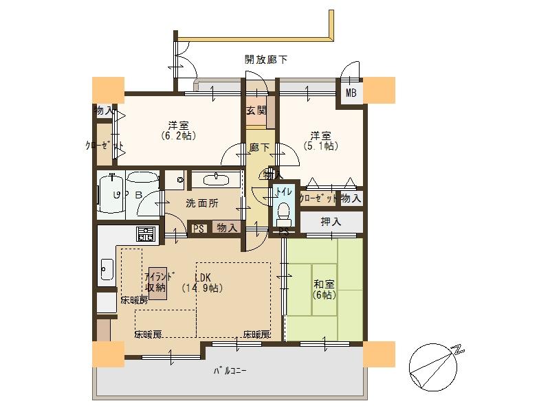 Floor plan. 3LDK, Price 19,980,000 yen, Occupied area 71.11 sq m , Day good rooms on the balcony area 15.47 sq m southeast-facing balcony