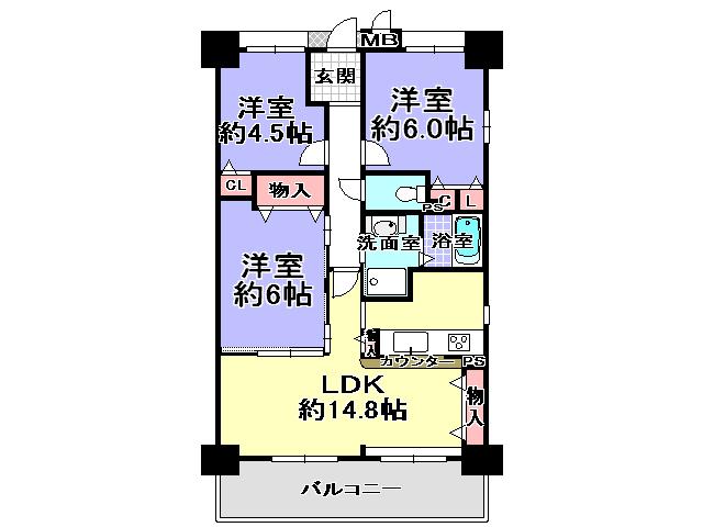 Floor plan. 3LDK, Price 15.8 million yen, Occupied area 65.74 sq m , Balcony area 8.83 sq m
