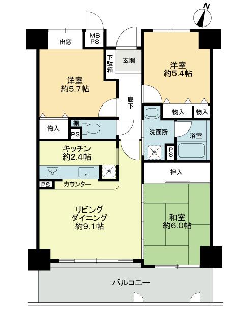 Floor plan. 3LDK, Price 6.9 million yen, Occupied area 69.25 sq m , Balcony area 11.48 sq m