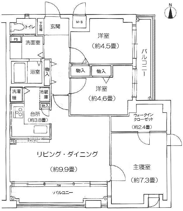 Floor plan. 3LDK, Price 7.5 million yen, Occupied area 67.62 sq m , The top floor corner room of the balcony area 10.74 sq m above ground 3 floor.
