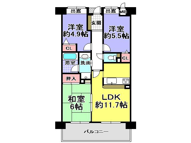 Floor plan. 3LDK, Price 13.8 million yen, Occupied area 64.35 sq m , Balcony area 10.71 sq m