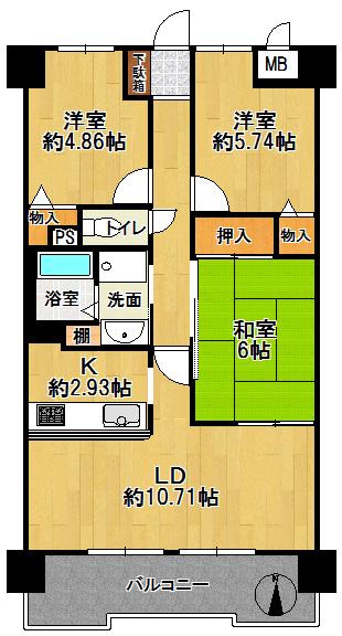 Floor plan. 3LDK, Price 7.8 million yen, Occupied area 65.04 sq m , Balcony area 9.9 sq m