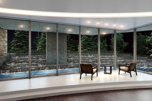 Shared facilities.  [Lounge and library] The back of the entrance hall, Installed a refreshing lounge and library from the glass curtain wall overlooking the water Jing. Or meeting with family and fellow, You can take advantage of as a drawing of the place to welcome visitors (Rendering)