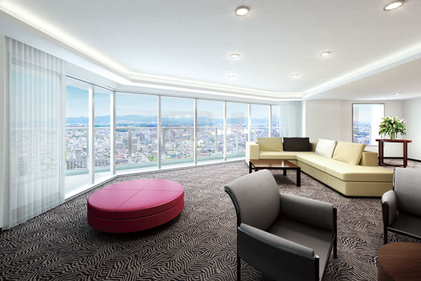 Shared facilities.  [Sky Lounge] 23 floor dynamic view spreads "Sky Lounge". Securing an opening to the wide, Sofas and tables to relax in the salon feeling ・ Set up a stool. Wrapped in pride and joy to live in high-rise Tower Residence, Luxurious time will flow (Rendering)