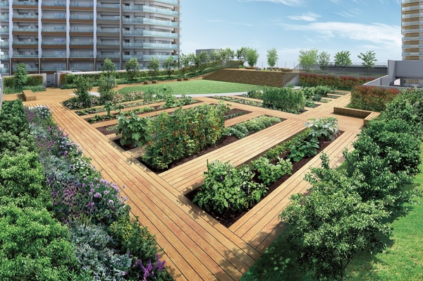 Rooftop garden which is provided in the parking lot building rooftop. Kitchen Garden (garden), Lawn open space, Wood deck is arranged (Rendering)