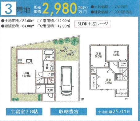 Floor plan. (No. 3 locations), Price 29,800,000 yen, 3LDK, Land area 82.68 sq m , Building area 84 sq m