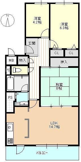 Floor plan. 3LDK, Price 9.8 million yen, Footprint 77.1 sq m , Balcony area 8.56 sq m
