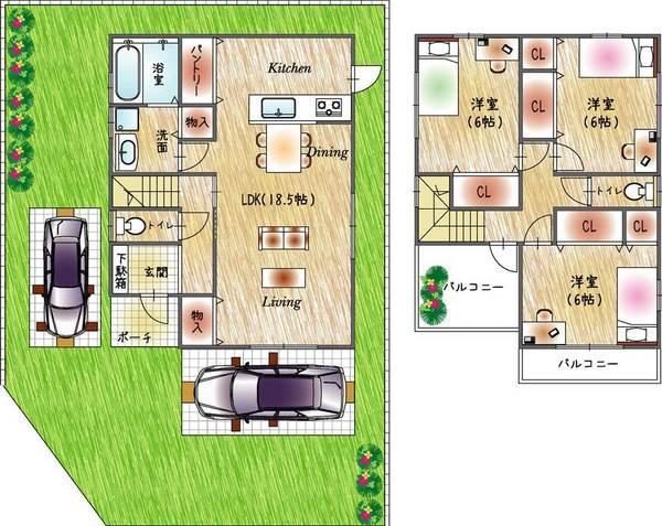 Floor plan. 28.8 million yen, 3LDK, Land area 126.56 sq m , Building area 92.64 sq m parking space two Allowed, Free Plan correspondence