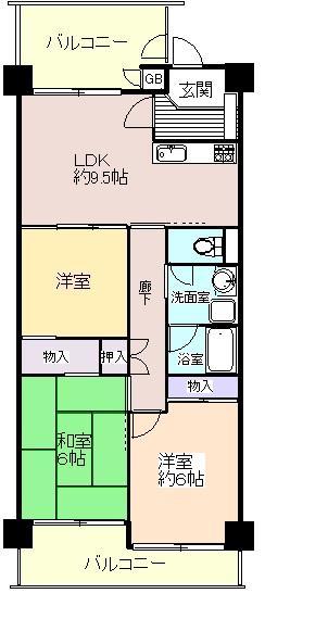 Floor plan. 3LDK, Price 9 million yen, Occupied area 62.55 sq m , Balcony area 13.97 sq m for the east-west two-sided balcony, Refreshing wind us to escape the humidity of the property.
