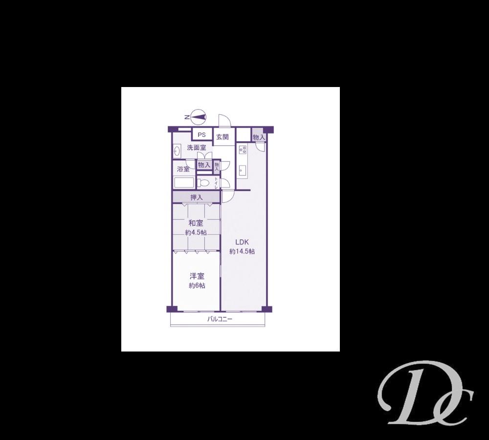 Floor plan. 2LDK, Price 14.4 million yen, Footprint 61.6 sq m , Balcony area 7.84 sq m