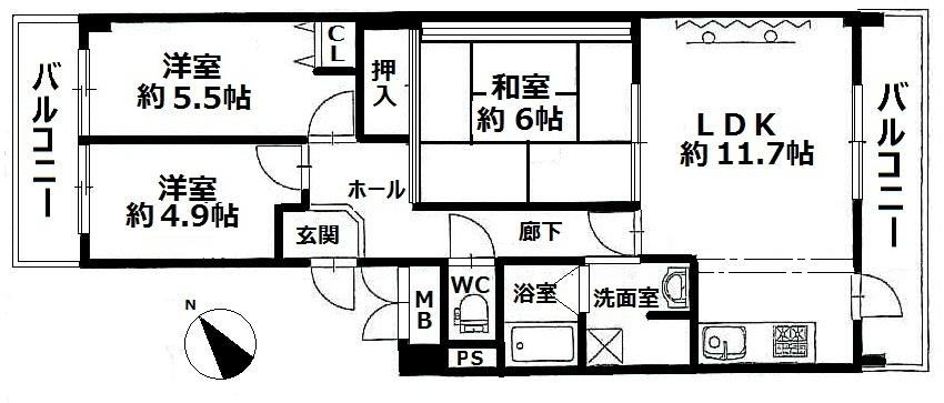 Floor plan. 3LDK, Price 14.8 million yen, Footprint 70.1 sq m , Balcony area 13.65 sq m