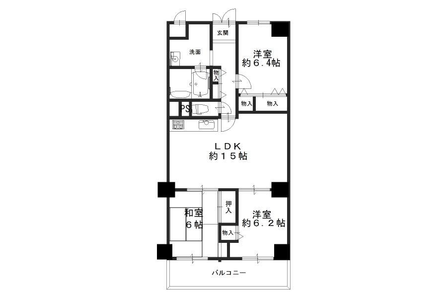 Floor plan. 3LDK, Price 12.5 million yen, Footprint 75.6 sq m , Balcony area 8.8 sq m